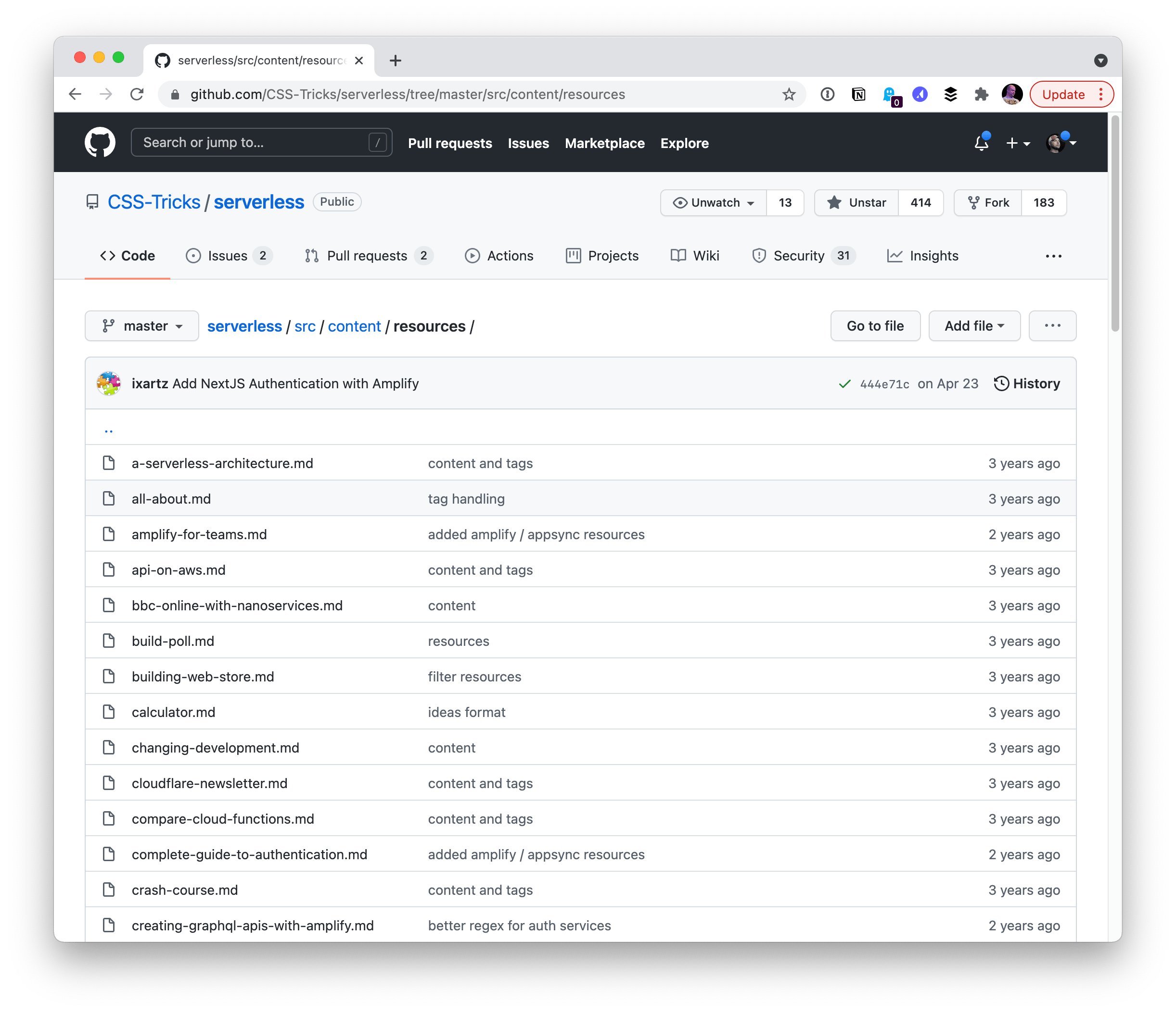Showing the main page of the CSS-Tricks Serverless repo in GitHub, displaying all the files.