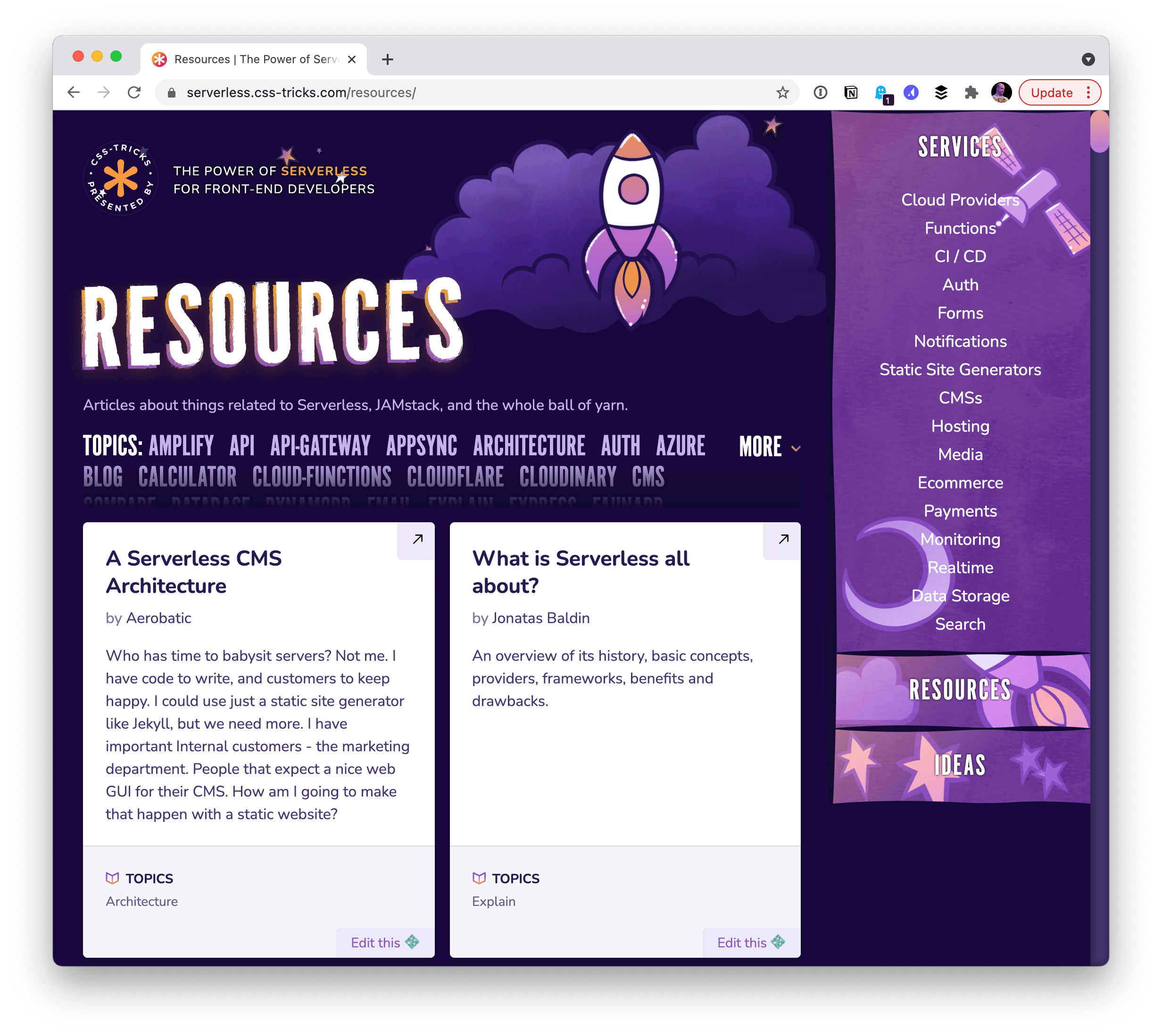 The Resources page of the CSS-Tricks Serverless site. The site is primarily purple in varying shades with accents of orange. The page shows a couple of serverless resources in the main area and a list of categories in the right sidebar.