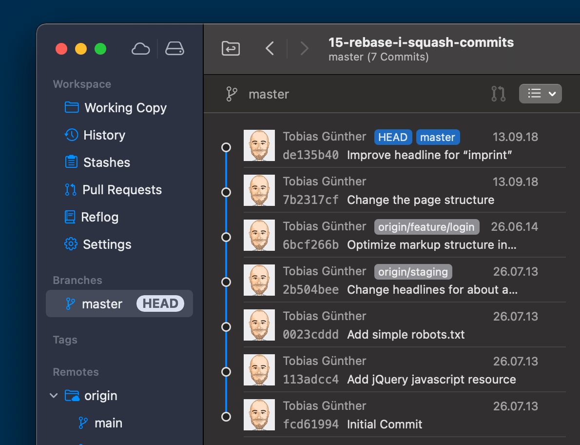 Showing a Git Tower app screen with the main master branch of a repo selected on the left panel, and a list of existing commits on the right panel.