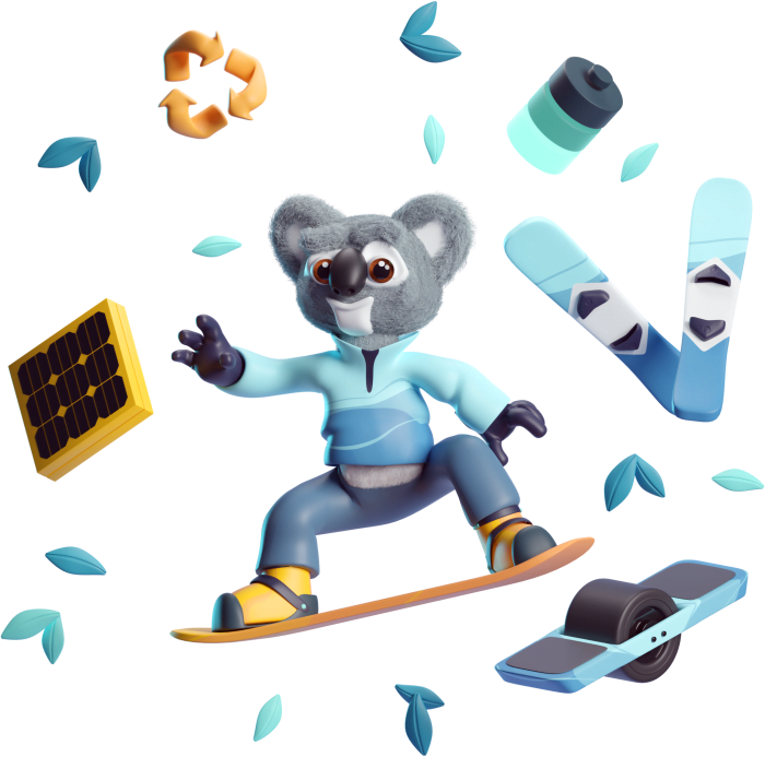Life-like illustration of an animatronic panda in a warn jacket and riding a snowboard while surrounded by a bunch of objects, like leaves, skis, and other gadgets.