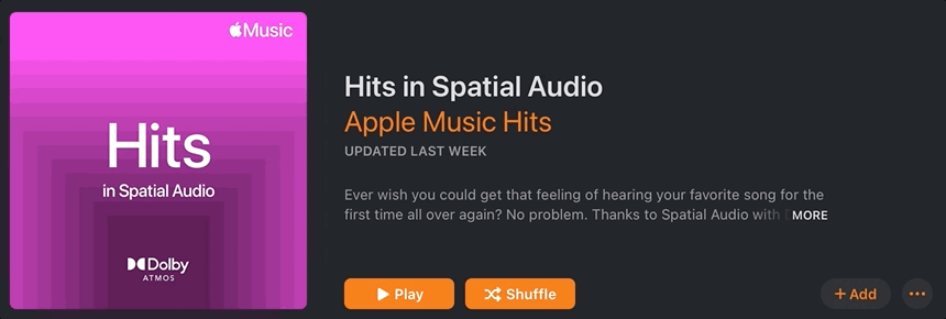 Animated GIF showing the Apple Music UI we are recreating. It's brightly colored shades of pink against a dark gray background with information about the playlist to the right of the pattern, and options to play and shuffle the sings in orange buttons.