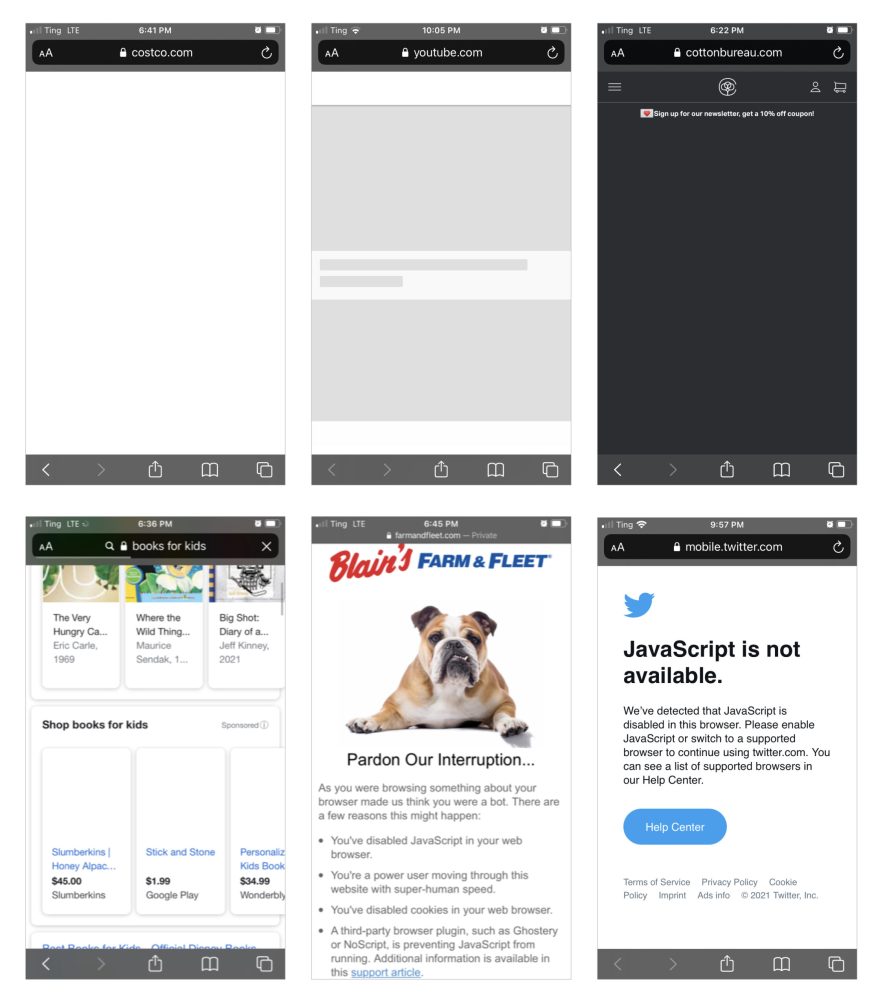 Six screenshots of webpages on a mobile device in a three-by-two grid. All of the screens either show blank content or a notice asking users to enable JavaScript to view the website.