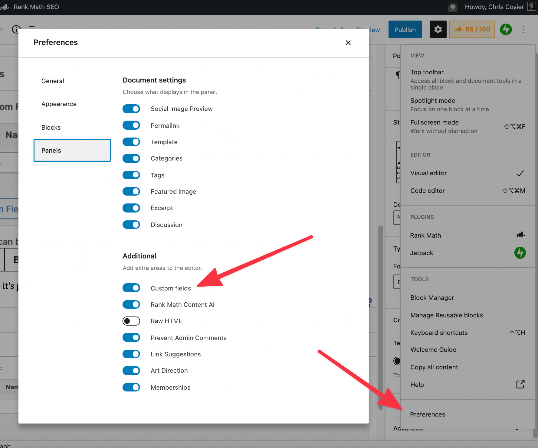 Showing the option to enable Custom Fields in WordPresss in the Block Editor Preferences settings. It is at the first toggle beneath the Additional settings.
