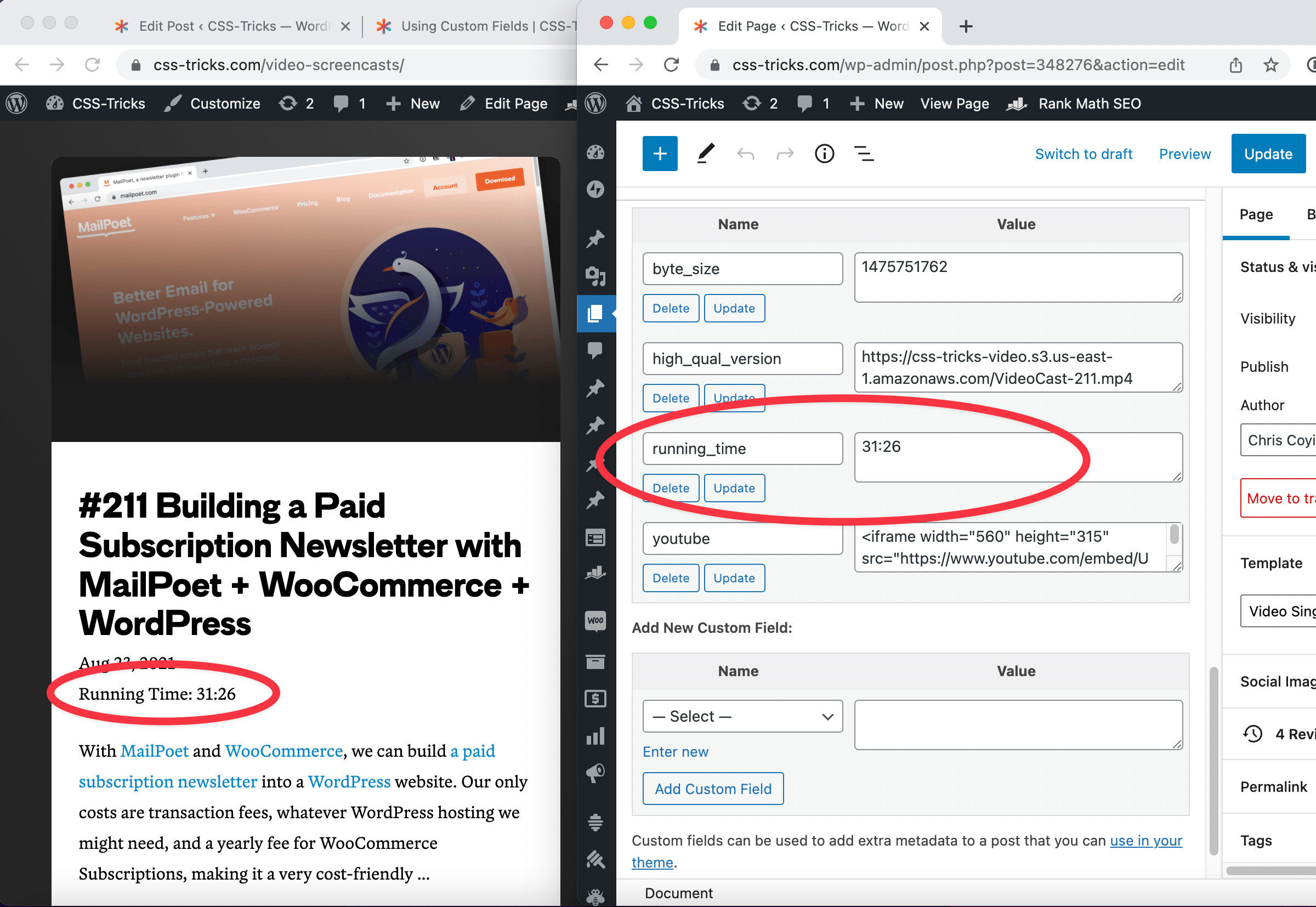 A side-by-side showing a published post on the left with the running time of a video circled in red, and the WordPress admin on the right with the running time custom field circled in the block editor showing the exact same information that is published in the post.