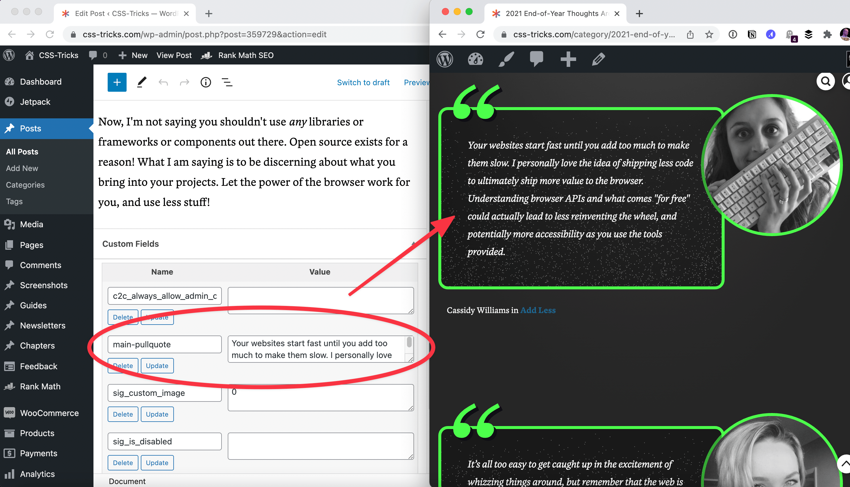 A side by side showing the the main pull quote custom field in WordPress circled in red, and the category archive on the right with a red arrow pointing to the corresponding pull-quote that displays on the page.