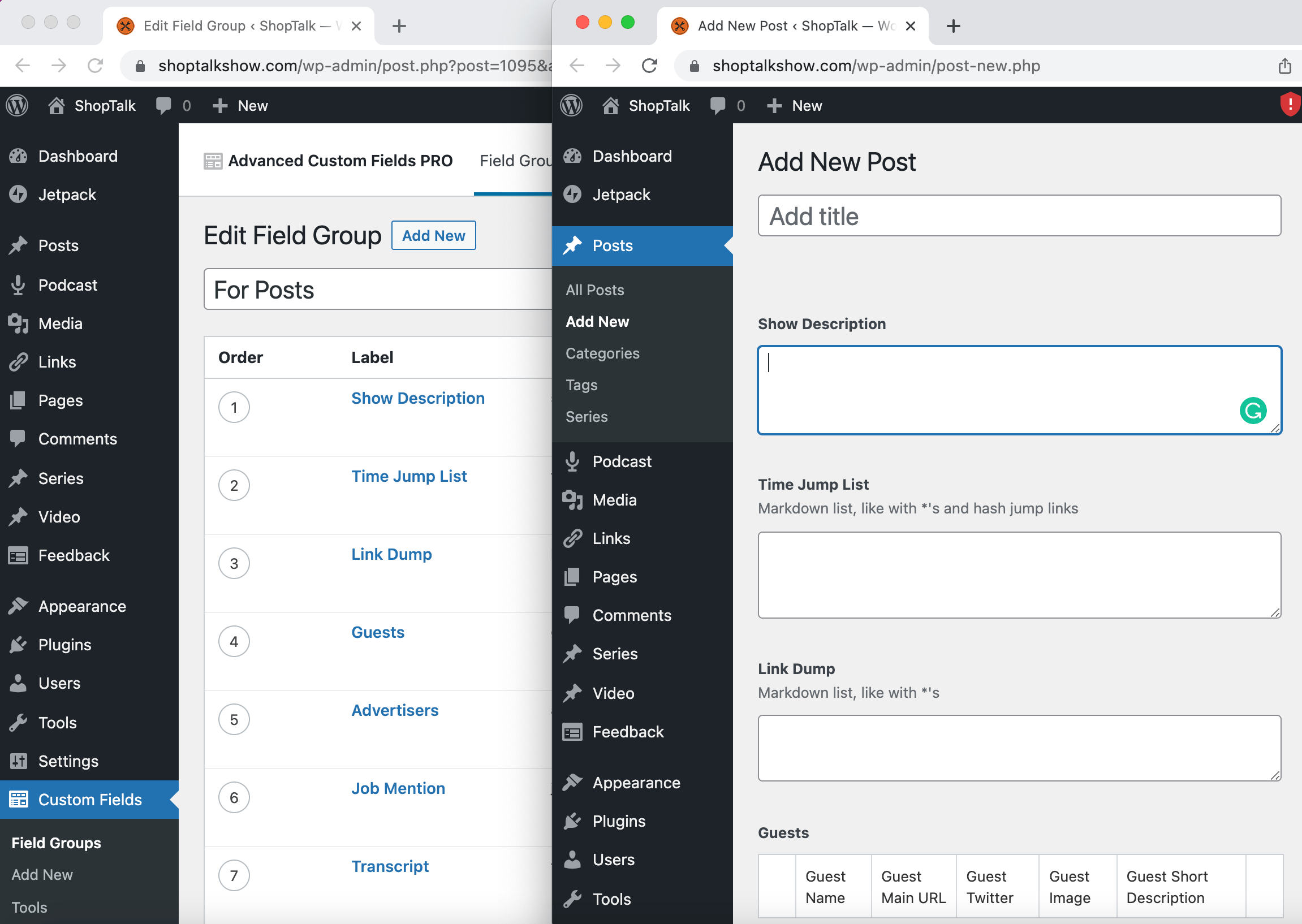 Side by side showing the settings for custom fields in the Advanced Custom Fields plugin on the left, and those custom fields displayed on the right in the WordPress Block Editor of a new post.