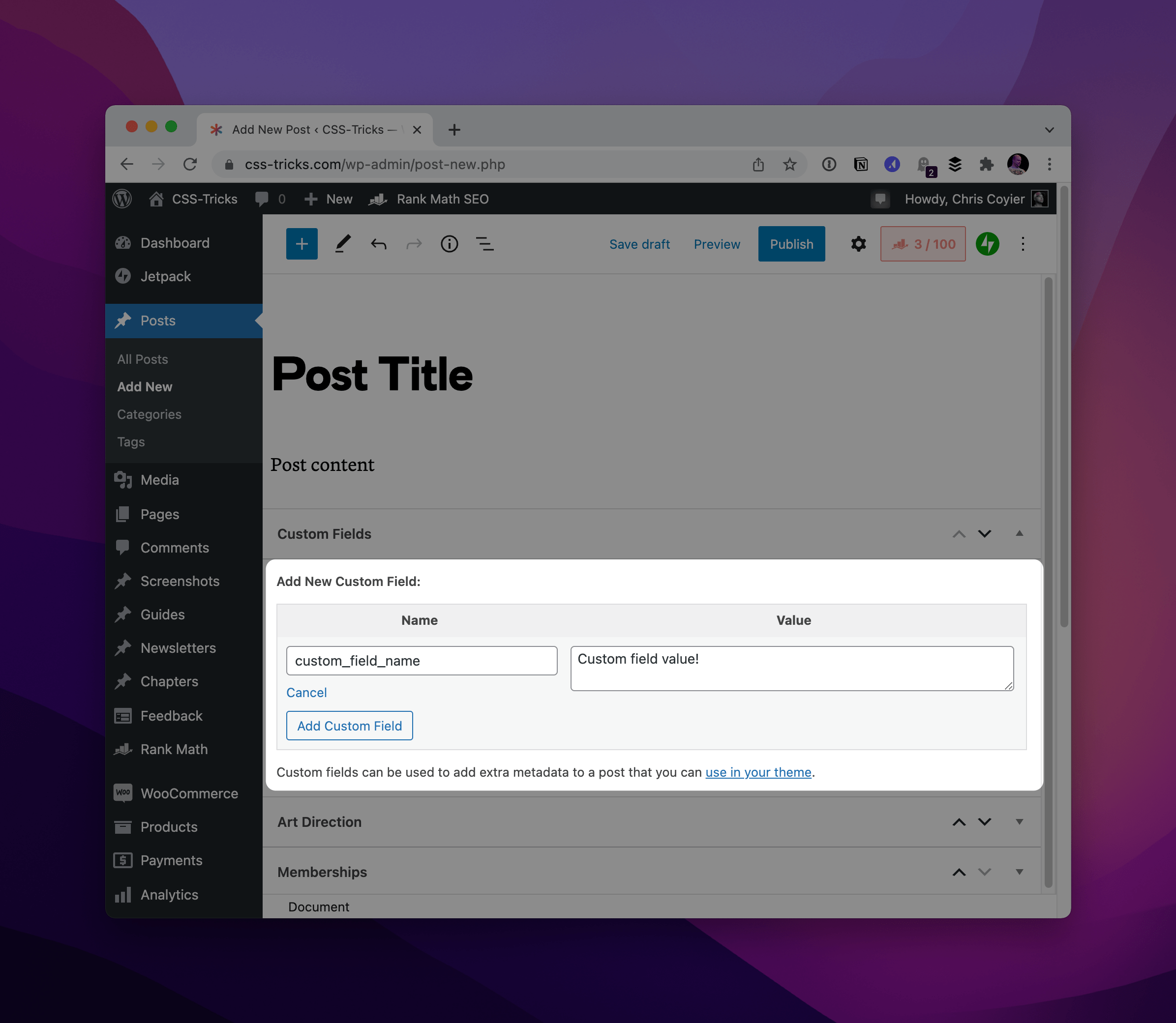 Showing that Custom Fields in WordPress appear below the content area of the block editor in the admin user interface.