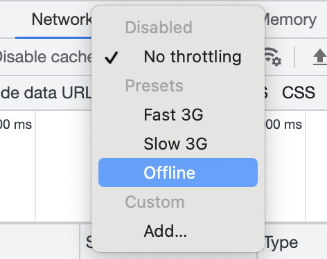 Screenshot of the DevTools UO to simulate an offline connection with the select menu open. The No throttling option is currently checked but the Offline option is highlighted in light blue.