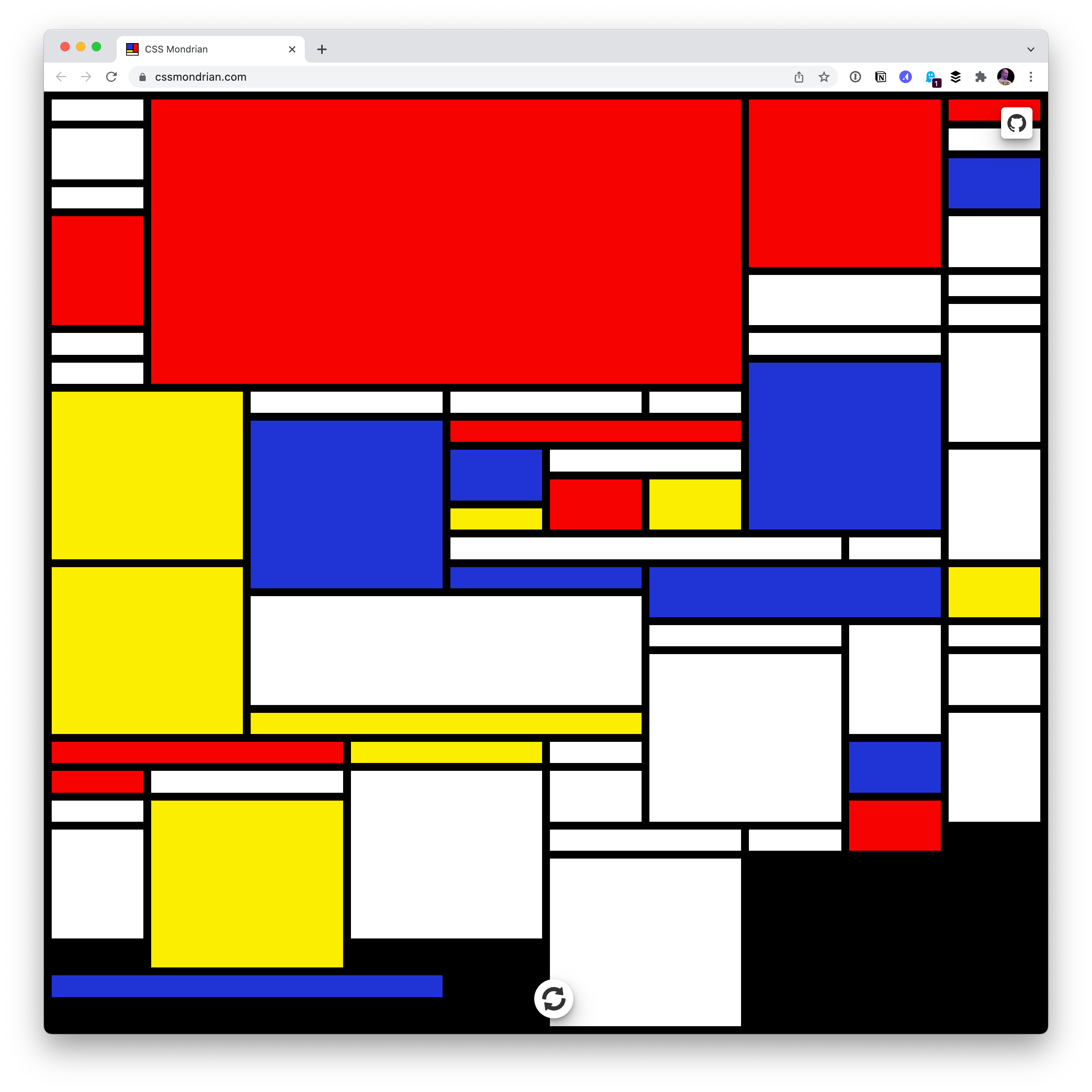 Screenshot of a full page Mondrian art example. There is a refresh button centered at the bottom of the page.