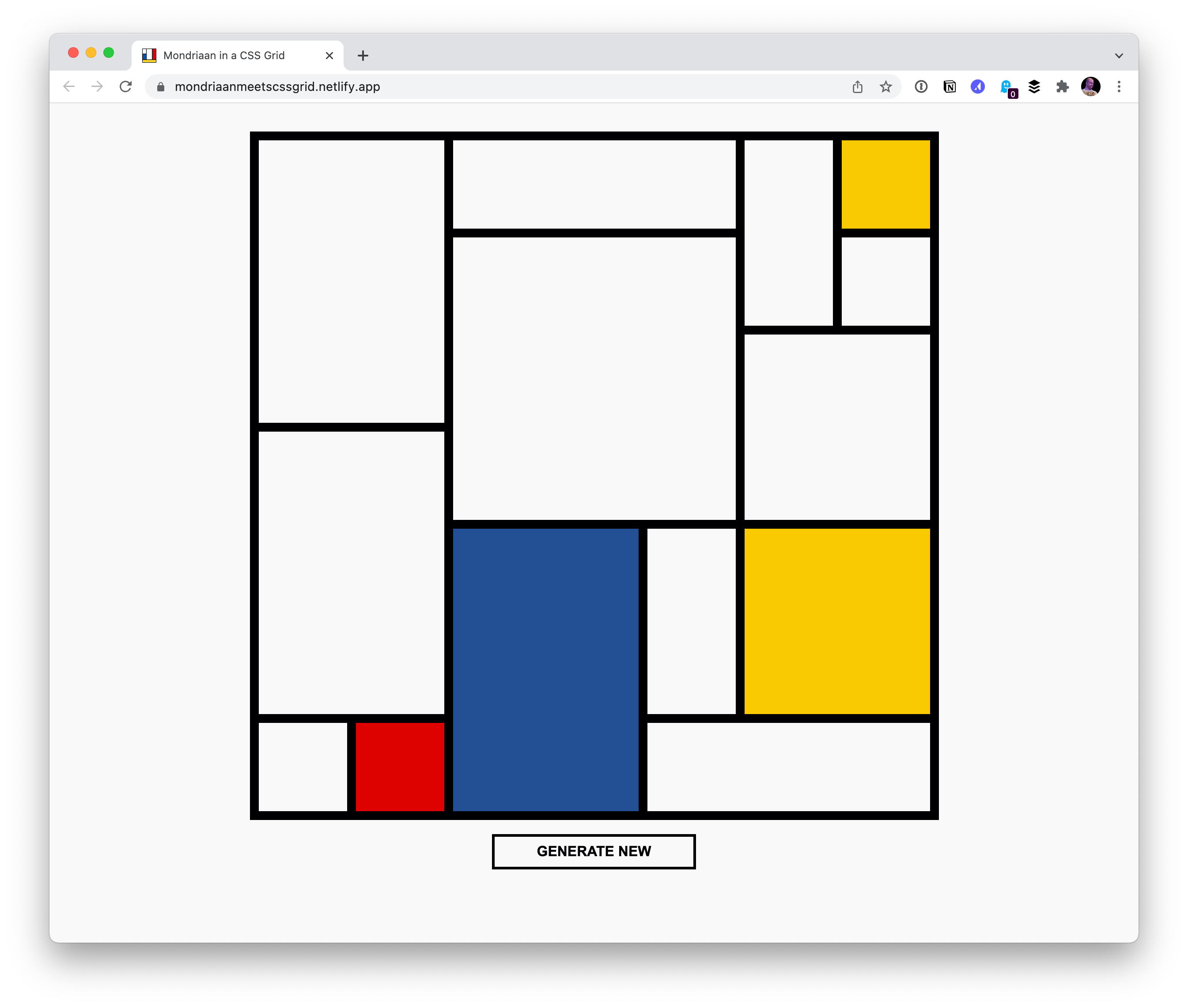 An example of Mondrian Art in CSS with a "Generate New" option. The example is a square box with plenty of padding around it on the white background page.