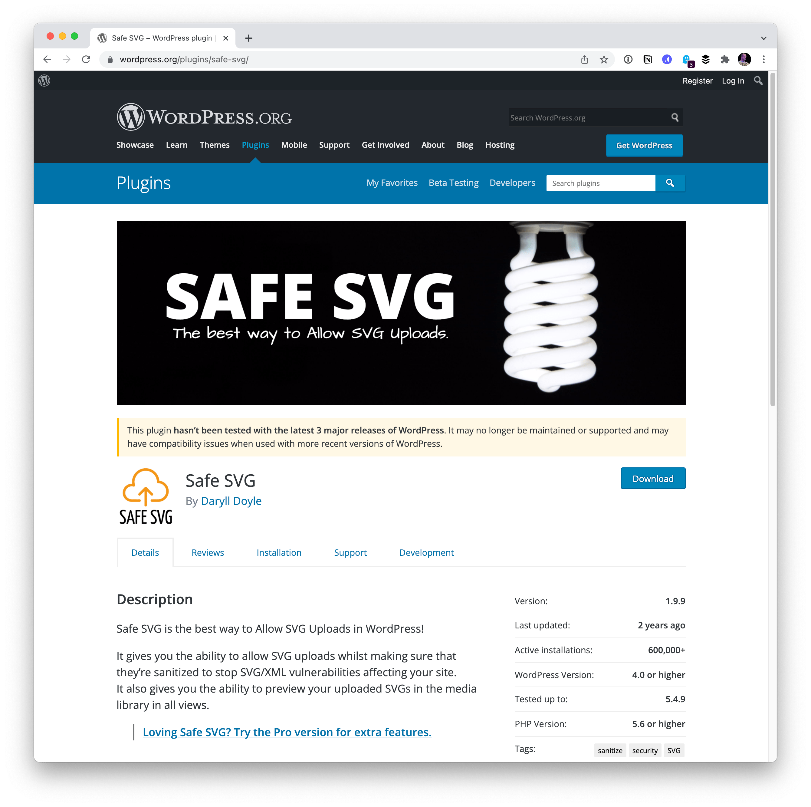 Screenshot of the Safe SVG plugin in the WordPress Plugin Directory.