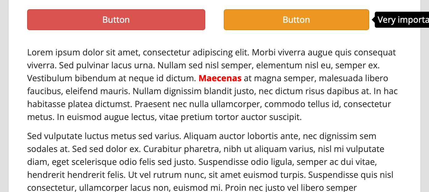 A red button and an orange button, both with CSS tooltips, sitting above two large paragraphs of text. The orange button is hovered, revealing a tooltip to the right of it but it is cut off by the edge of the viewport, making the content illegible.