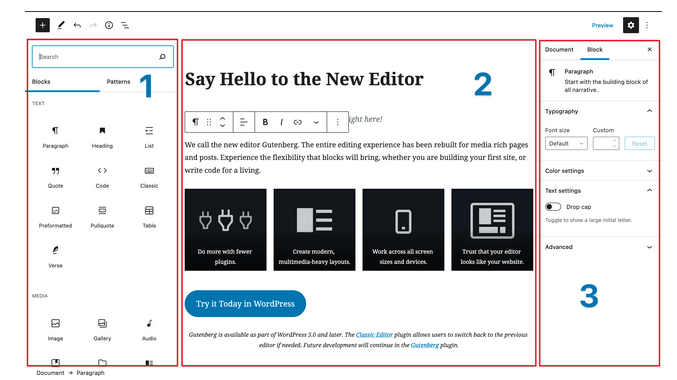 A full screenshot of the WordPress Block editor split into three numbers parts that are highlighted in red.