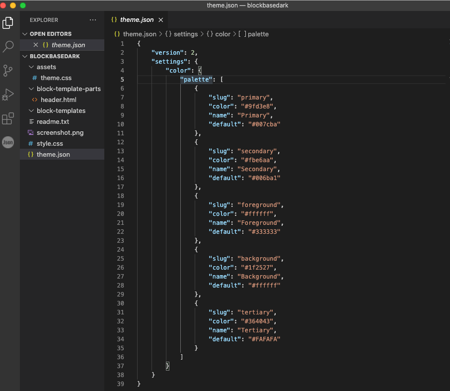 Screenshot of a theme dot jayson file open in the VS Code editor. The file contains objects for version and settings. The settings object contains a color object. The color object contains a palette objects which contains properties for slightly, color, name, and default.