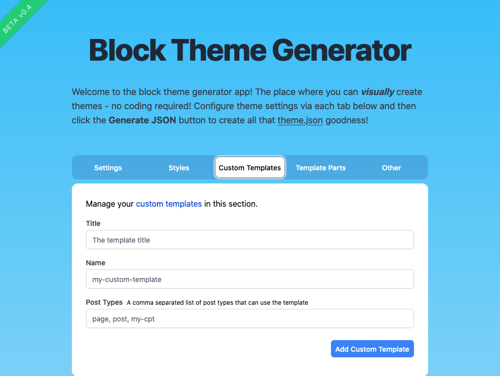 Screenshot of the Block Theme Generator app homepage. It has a bright blue background and dark blue text that welcomes you to the site, and a screenshot of the app.