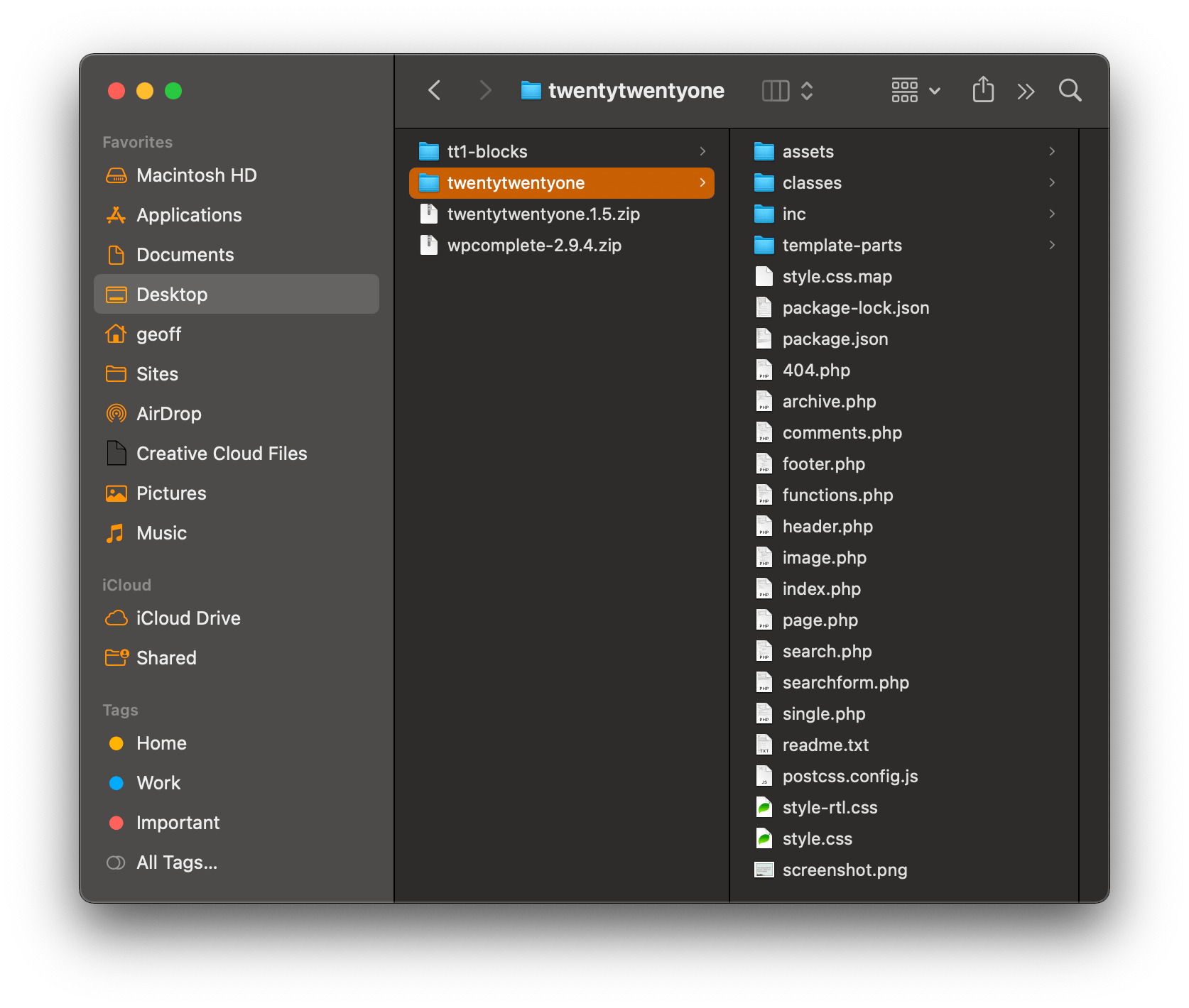 Screenshot of a Mac window open to the default Twenty Twenty-One WordPress theme, displaying a long list of files.