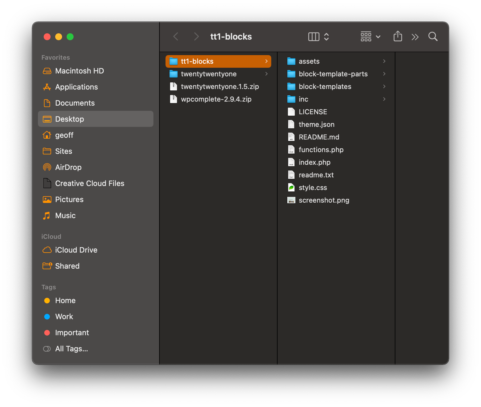 Screenshot of a Mac window open to the TT1 theme folder, showing that WordPress Block Themes contain fewer files.