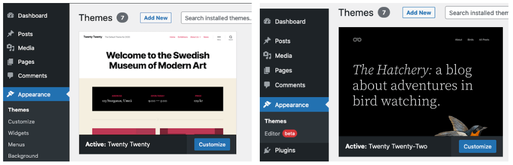 Screenshots of the WordPress admin Themes screen side-by-side, the first showing the classic WordPress menu items like Customize, Widgets, and Menus, while the second shows how a WordPress Block Themes only displays a single Editor menu item.