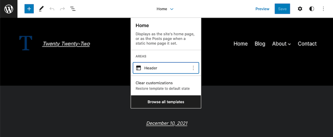 Screenshot of the Home template open in the WordPress Site Editor. The template name is at the top of the screen in a white toolbar and is expanded with a submenu that describes the template and provides a black button with white text to view all templates.