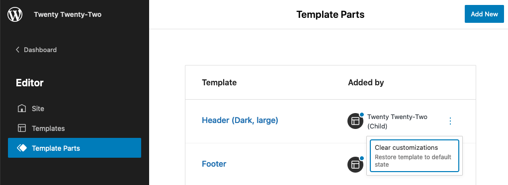 Screenshot of the Template Parts screen in the WordPress Site Editor, showing a two-column able with a column that displays template names, and a column that identifies the location of the template part.
