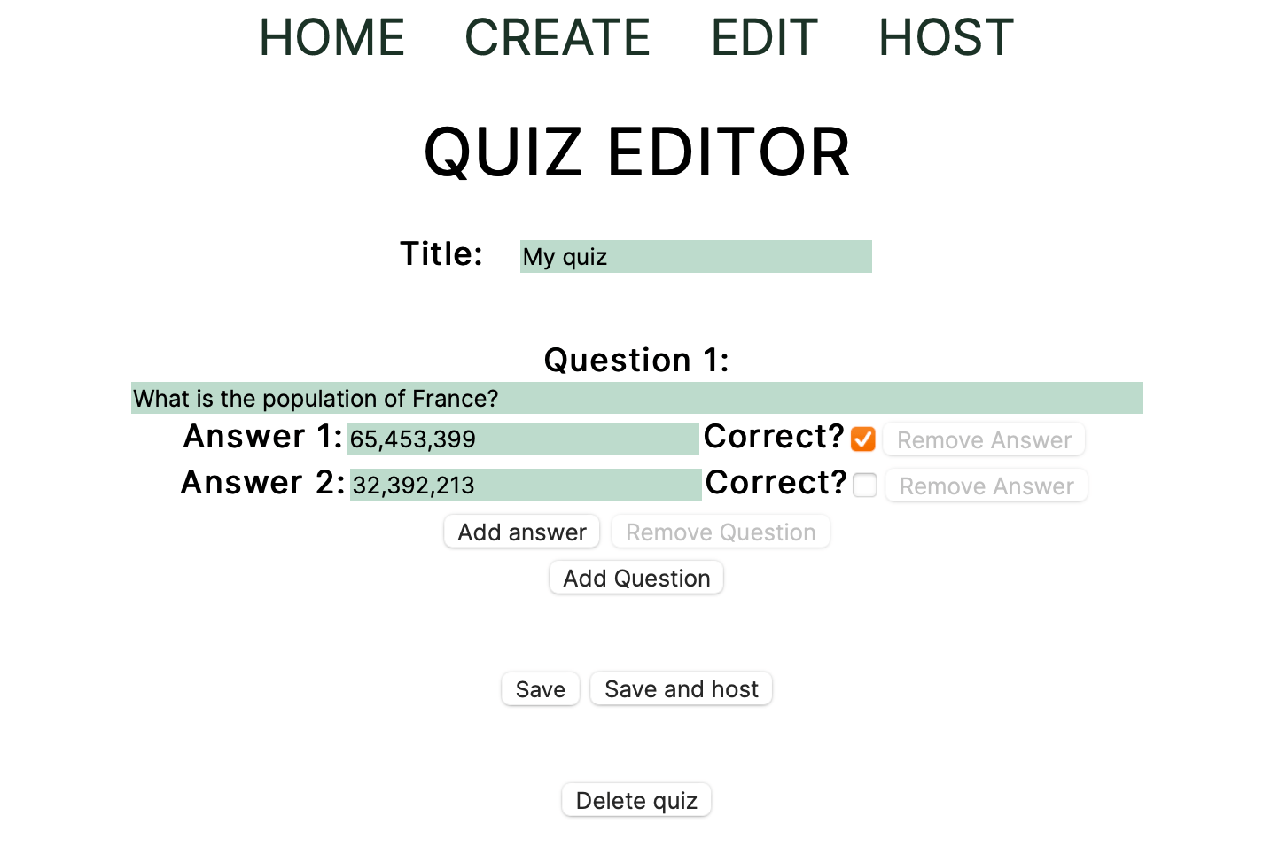 Screenshot of a quiz editor written in Node JavaScript that contains four inputs two checkboxes and four buttons.