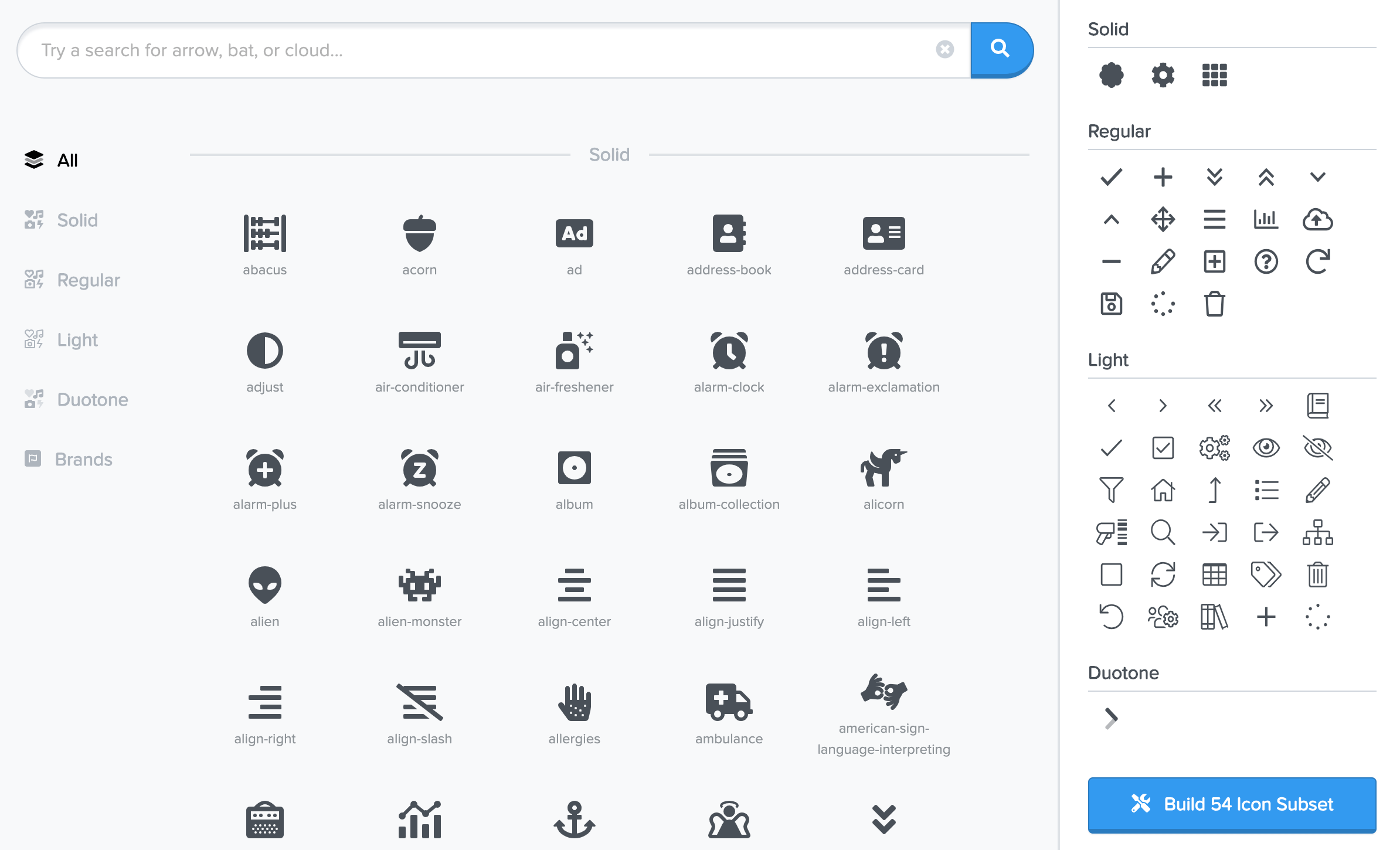 Screenshot of the Font Awesome desktop app. Icons are displayed as tiles in a grid layout.