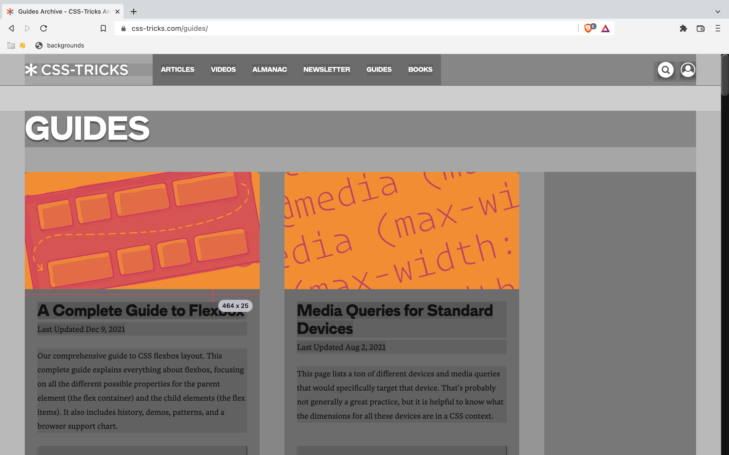 Showing the CSS-Tricks guides landing page with all backgrounds fill with varying shades of gray.