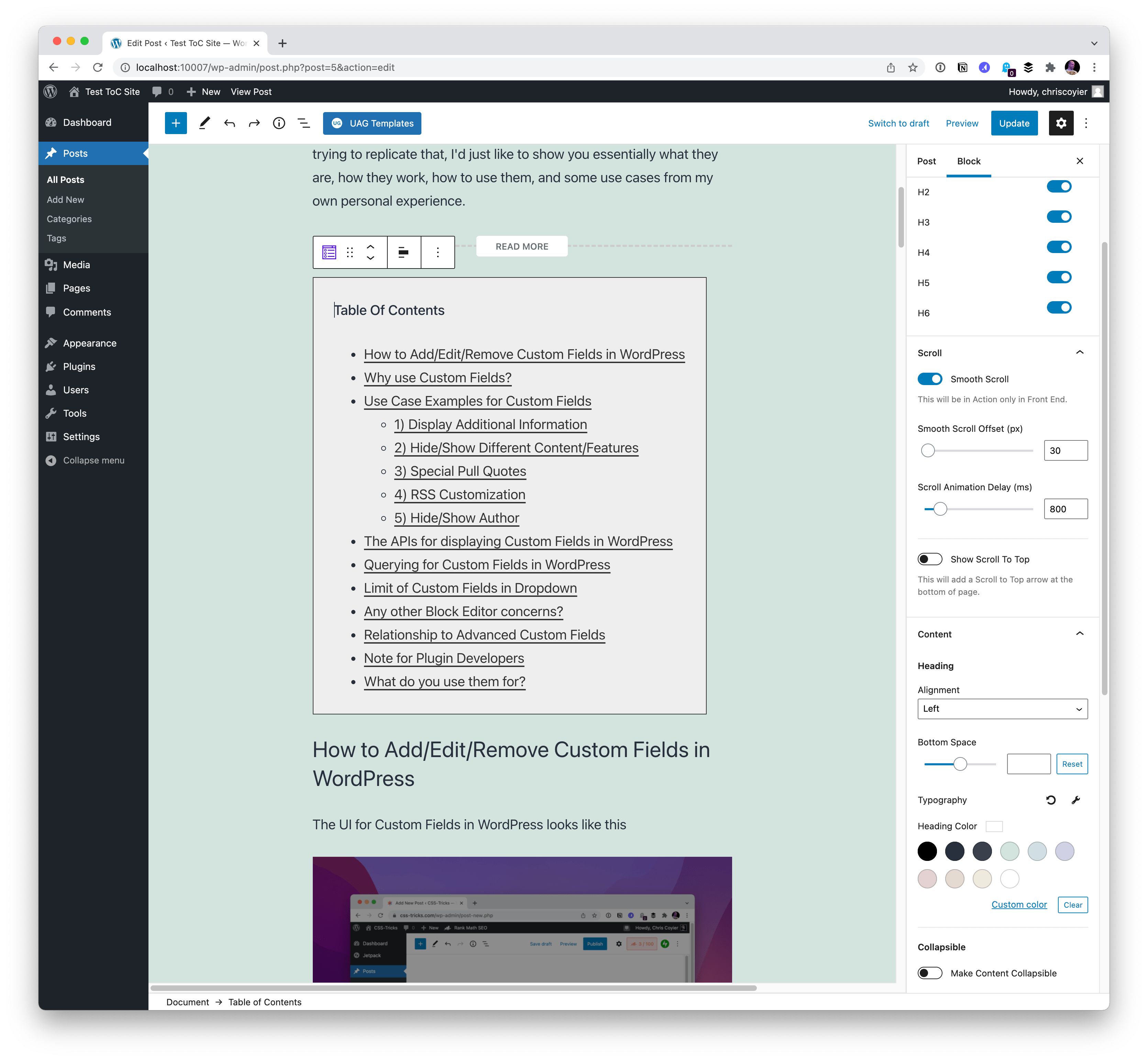 Screenshot of the Ultimate Addons for Gutenberg Tablew of Contents plugin in WordPress.