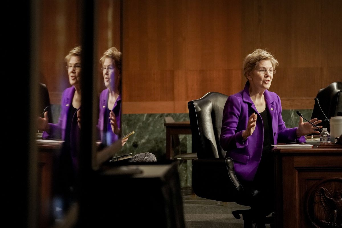 Senator Elizabeth Warren talks in a Senate Banking, Housing, and Urban Affairs Committee confirmation hearing on Capitol Hill on February 3, 2022, in Washington, DC.