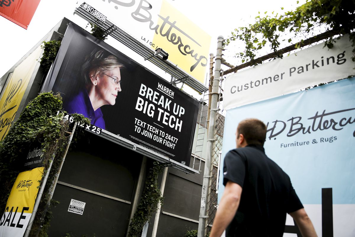 A “Break Up Big Tech” billboard with an image of Democratic presidential hopeful U.S. Senator Elizabeth Warren on May 30, 2019, in San Francisco, California.