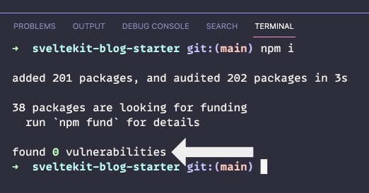 An open dark Terminal that has run the npm i command to install an existing npm project called sveltekit-blocg-starter. 202 npm packages are installed in three seconds. There are zero vulnerabilities.