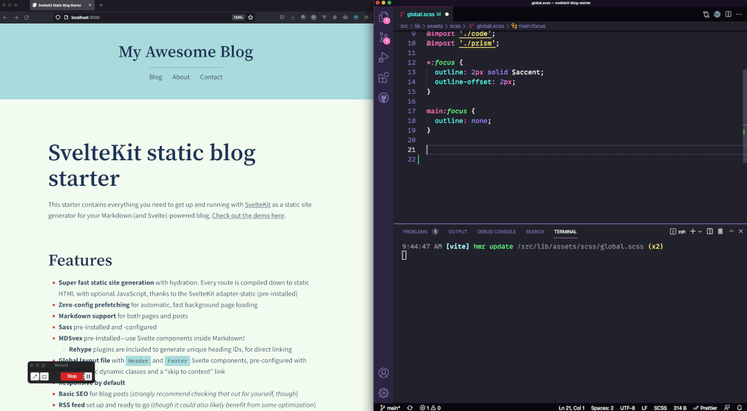 An animated GIF showing the development site preview open on the left and the VS Code editor on the write with a global.scss file open. The body font size is changed in the Sass code, then saved, which triggers an immediate new preview in the browser without having to manually reload the page.