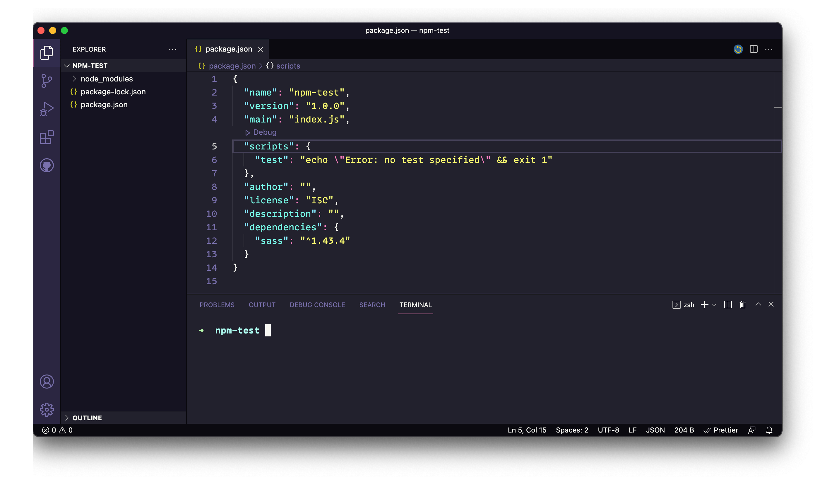 Screenshot of the VS Code editor with a package.json file open. The file contains the project name, npm-test, and includes a dependencies section that contains the Sass npm package.