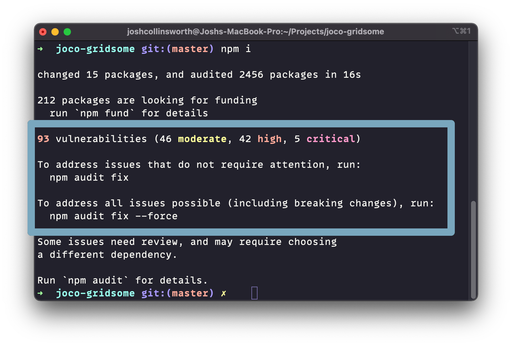 Screenshot of an open terminal window showing the process of installing npm packages with the npm i command. 212 npm packages are installed but the terminal shows there are 93 vulnerabilities, where 46 are moderate, 42 are high, and 5 are critical.