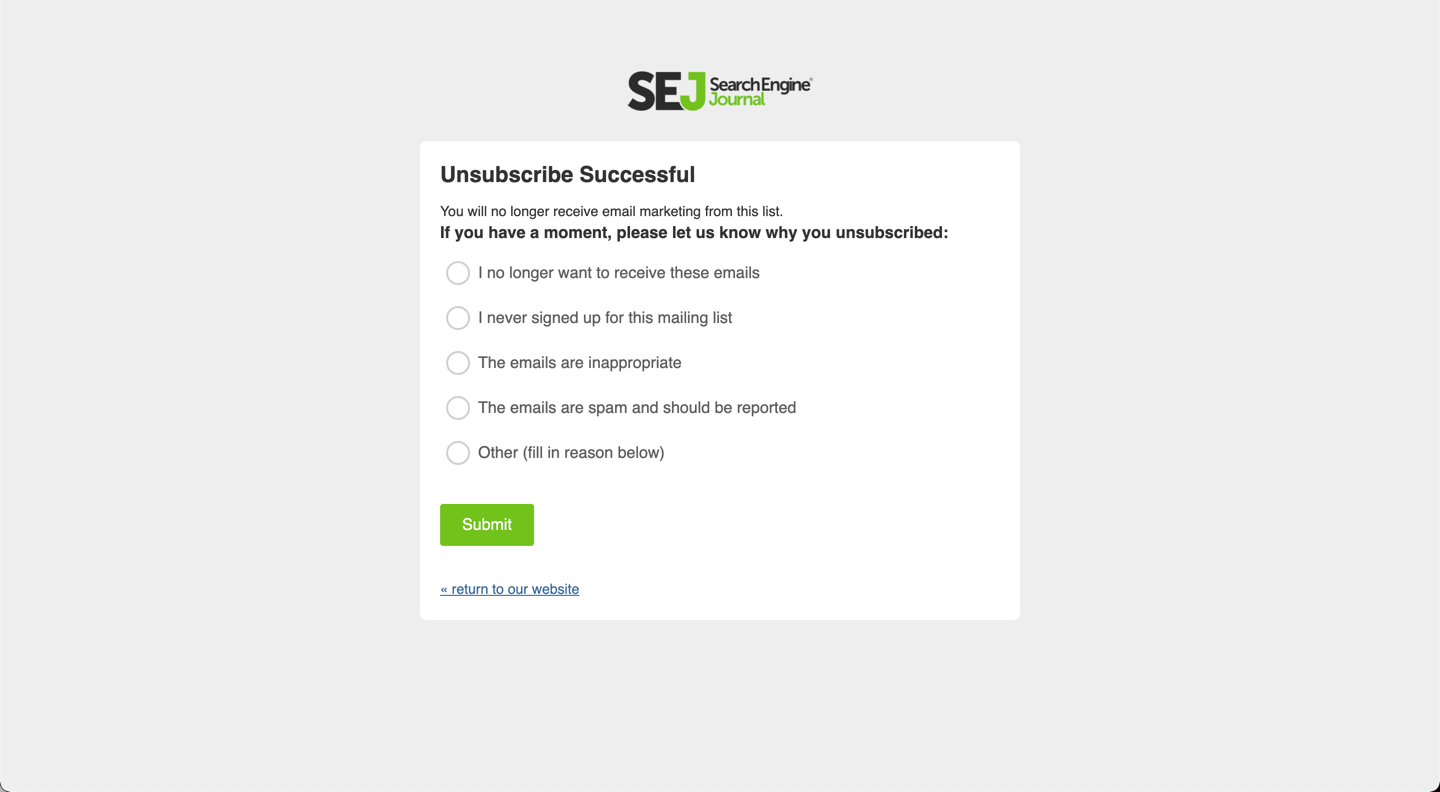 SEJ Unsubscribe successful