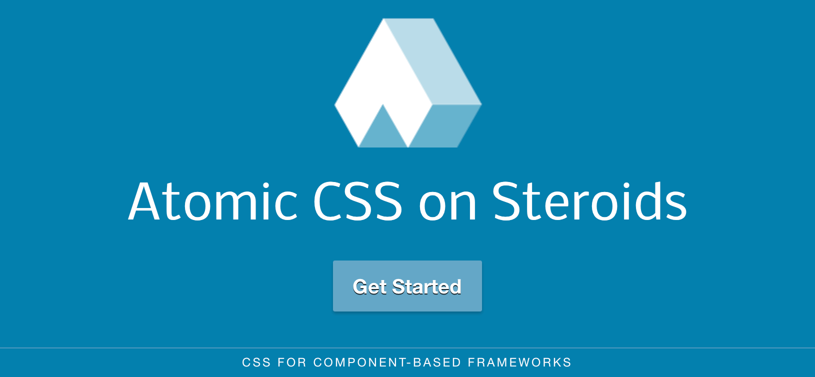 Screenshot of the Atomic CSS homepage. The background is bright blue with white text that says Atomic CSS on Steroids with a Get Started button below. At the bottom is a small blurb that reads CSS for component-based frameworks.