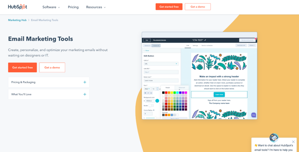 HubSpot’s website call to action for email marketing tools. White space, contrasting colors, and multiple CTAs help convert here.
