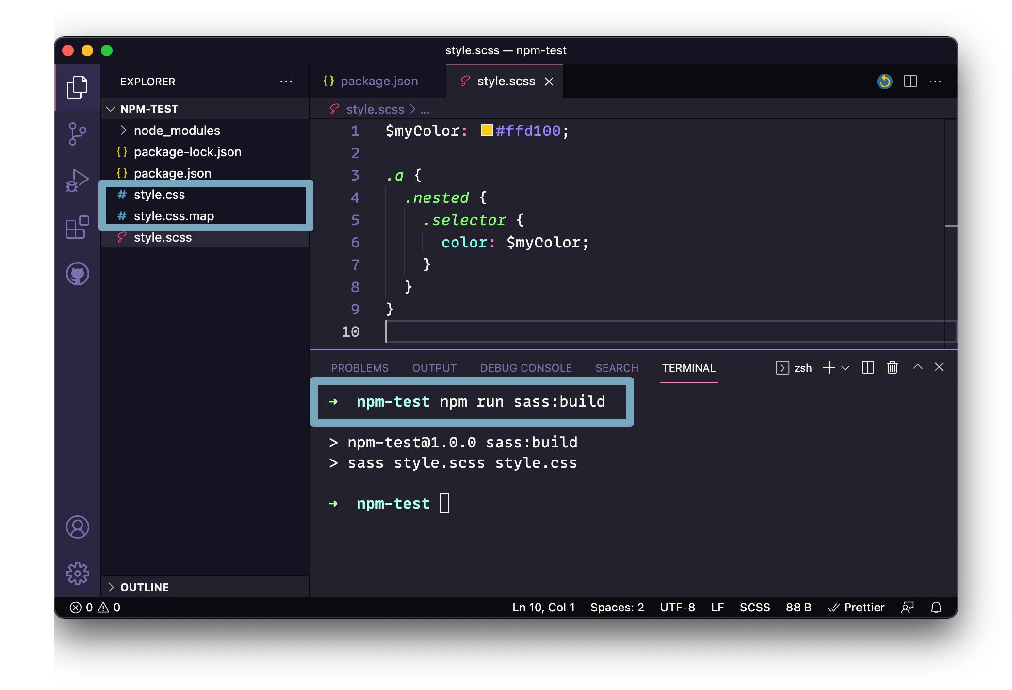 Screenshot of the VS Code app with a style.scss file open and an open terminal below that with npm commands, including npm run sass:build.
