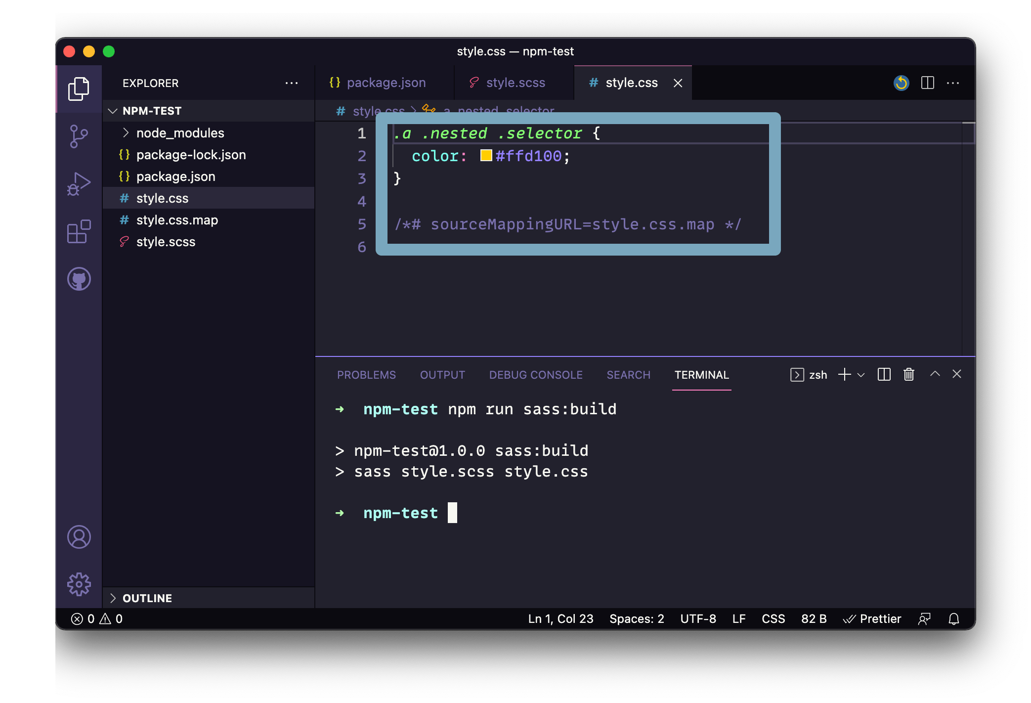 Screenshot of the VS Code app with a compiled style.css file open showing how the npm command to run Sass has processed the Sass code into normal CSS. An open terminal is below it showing the npm commands that were used.