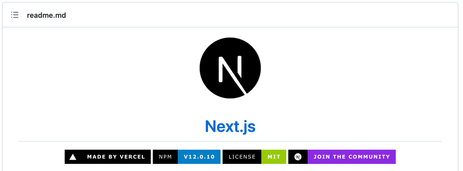 Showing the Next.js repo header with GitHub badges.