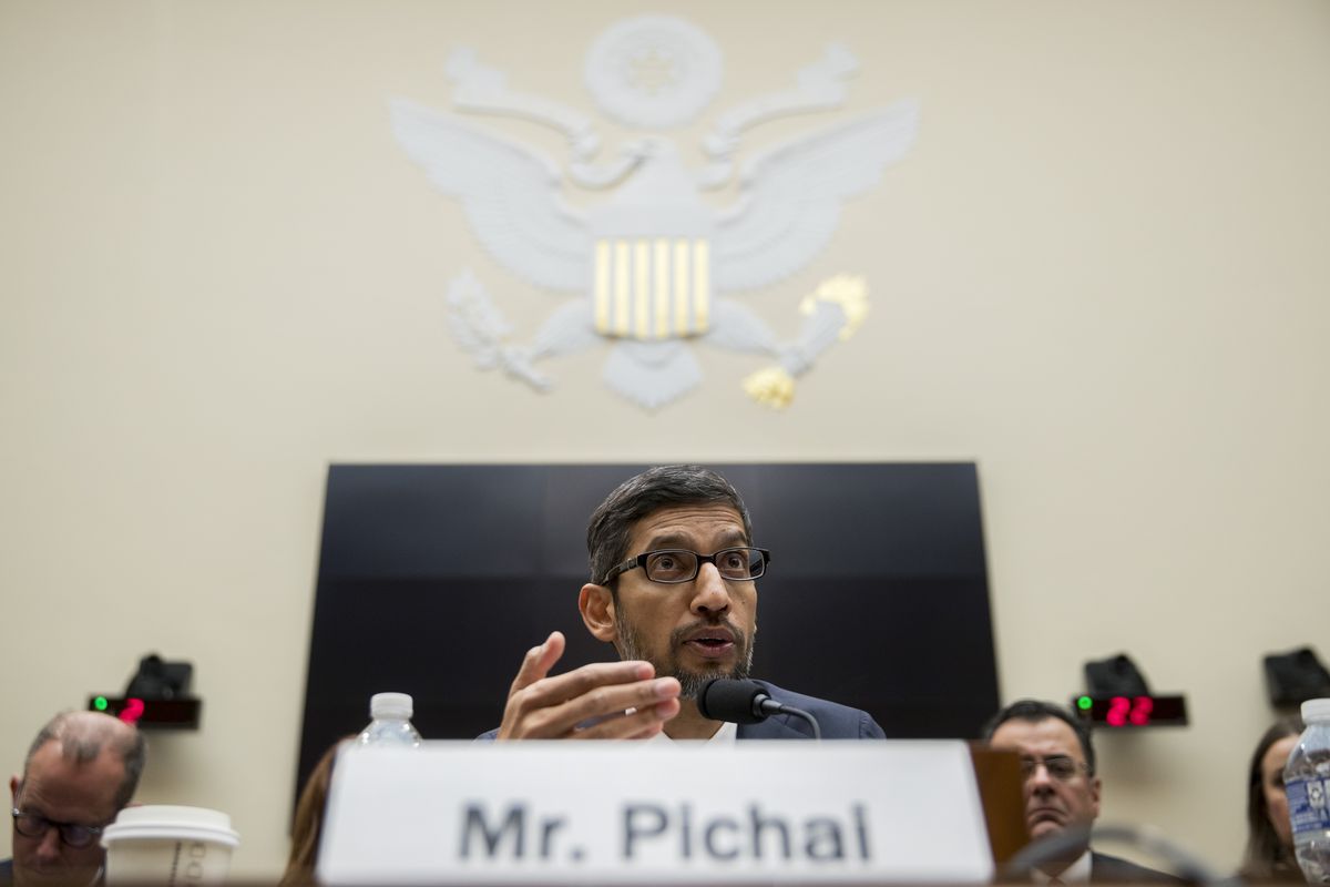 Google CEO Sundar Pichai speaks before the House Judiciary Committee in 2018.