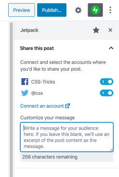 Showing the Jetpack publishing settings prior to publishing the post. It shows options to publish to Twitter and Facebook and an area to customize the message.