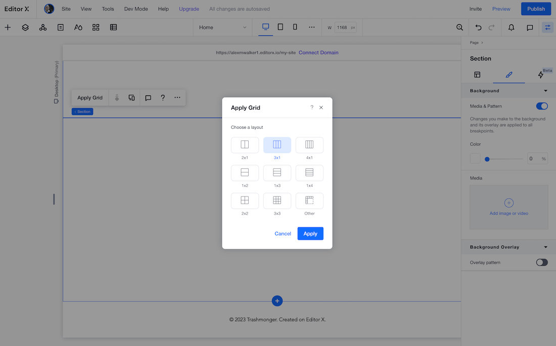 Screenshot: Subdividing your layout with CSS grid tool.