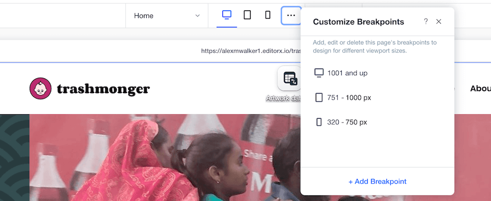 Screenshot: Showing three preset breakpoints - desktop, tablet, & mobile – and a custom breakpoint setting.