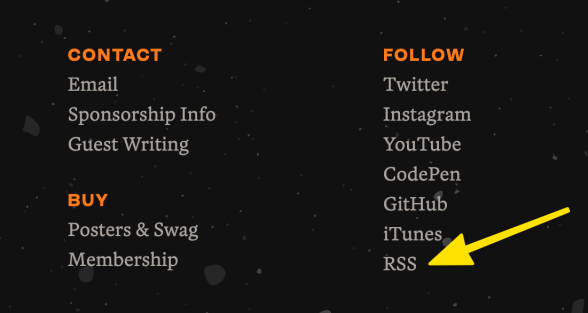 Screenshot of the CSS-Tricks footer showing a column of links with the heading Follow, and links for social networks, including the site's RSS feed. The background is near black, the headings are orange, and the links are light gray.