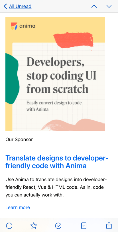 Showing an advertisement for anima that displays a brightly colored image, text below the image that says our sponsor, followed by the post title in blue, a blurb from the article content, them a blue learn more link.