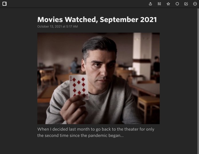Showing a post title in white with the published date and time below it in light gray. Below that is an image of a tired looking man with dark slicked back hair holding a 10 of diamonds card. Below that is the first sentence of a post that breaks mid-sentence.