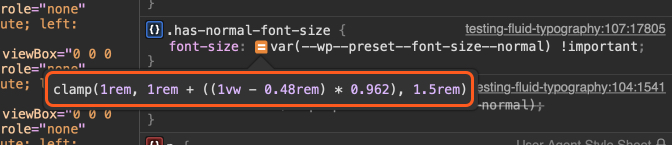 Revealing the custom property value in DevTools, showing a CSS clamp function.