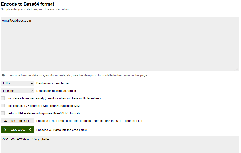 A large textarea to paste an email address with a series of options beneath it for how to encode the text.