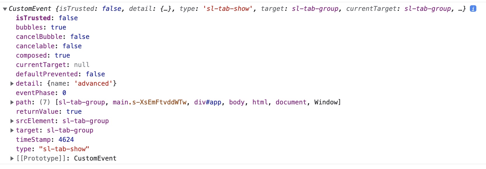 Event object meta shown in DevTools.